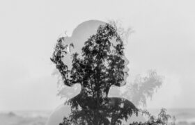 Artistic double exposure capturing a woman's silhouette blending with natural tree branches in black and white.
